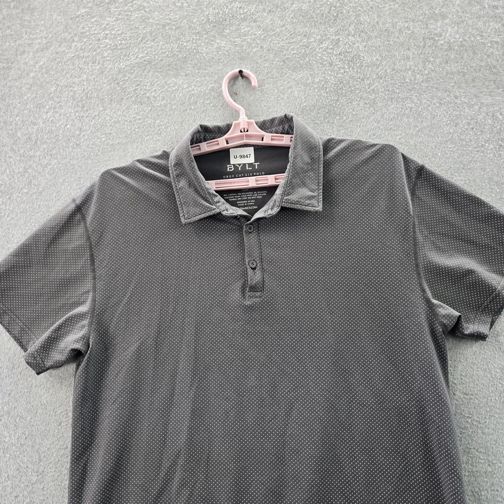 BYLT Men Polo XL Gray Polka‎ Dot Drop Cut Polo Button Short Sleeve